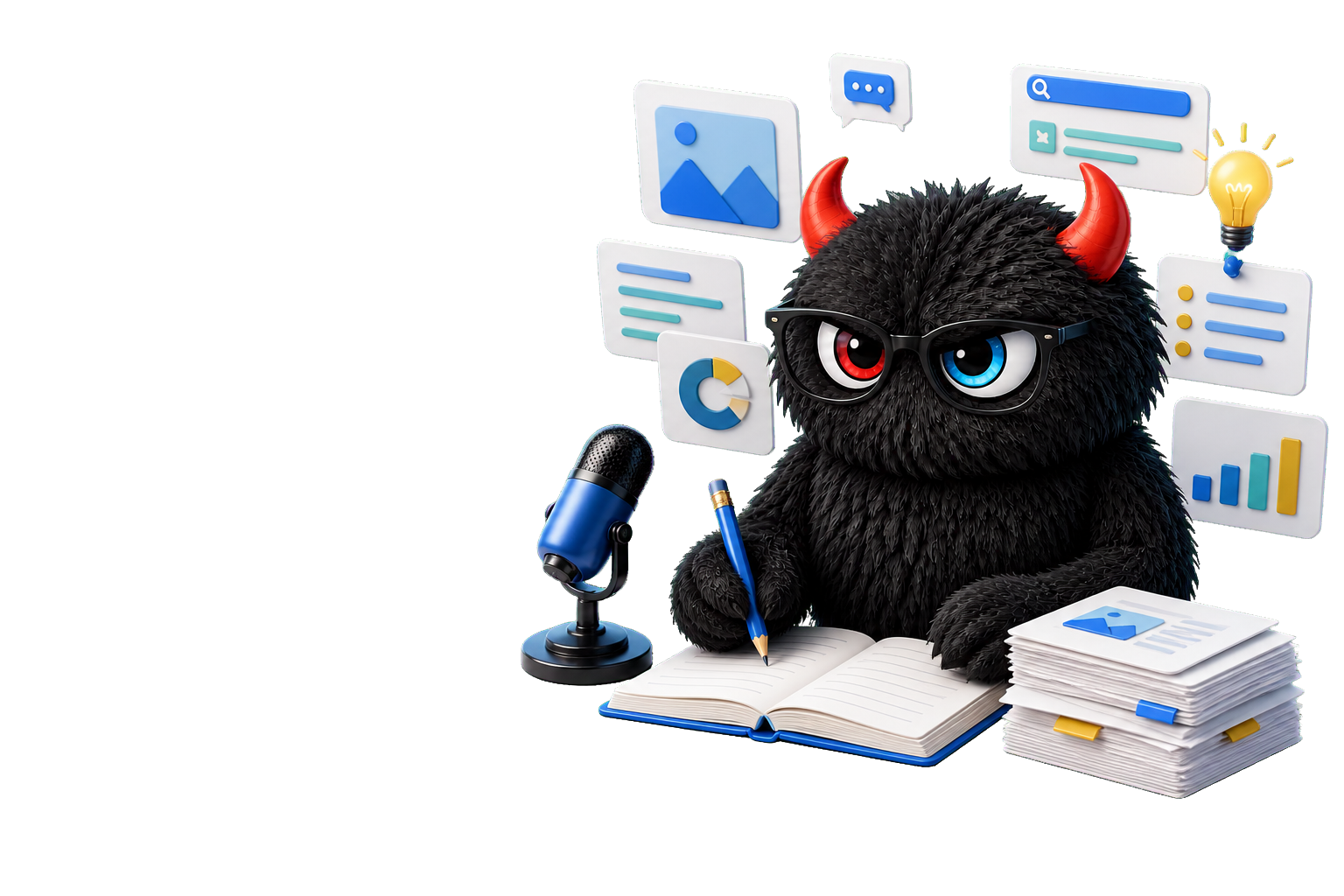 The MMG monster editing articles at a creative newsroom desk