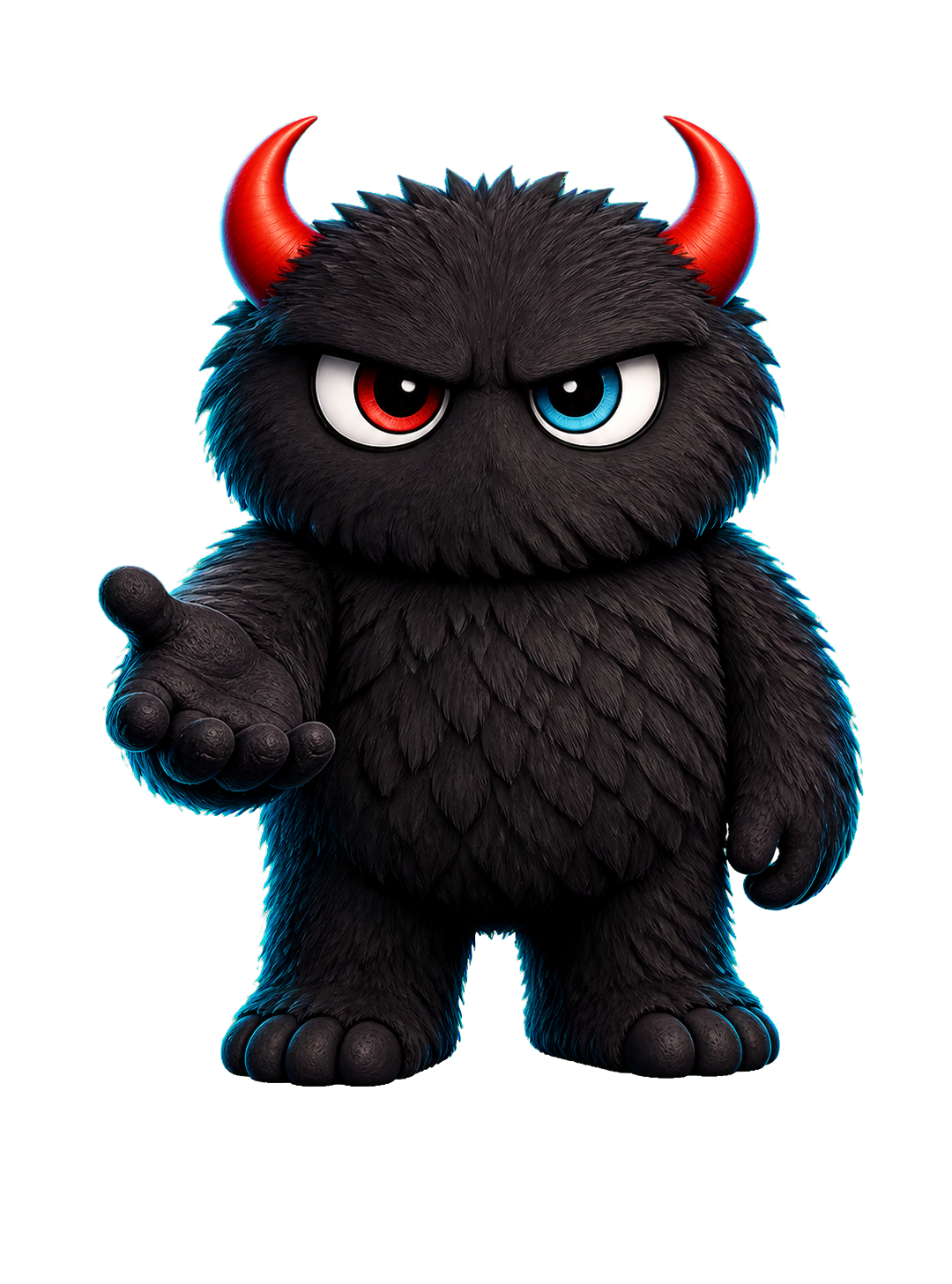 A compact brand-faithful MMG monster stepping forward and inviting the viewer through the portal