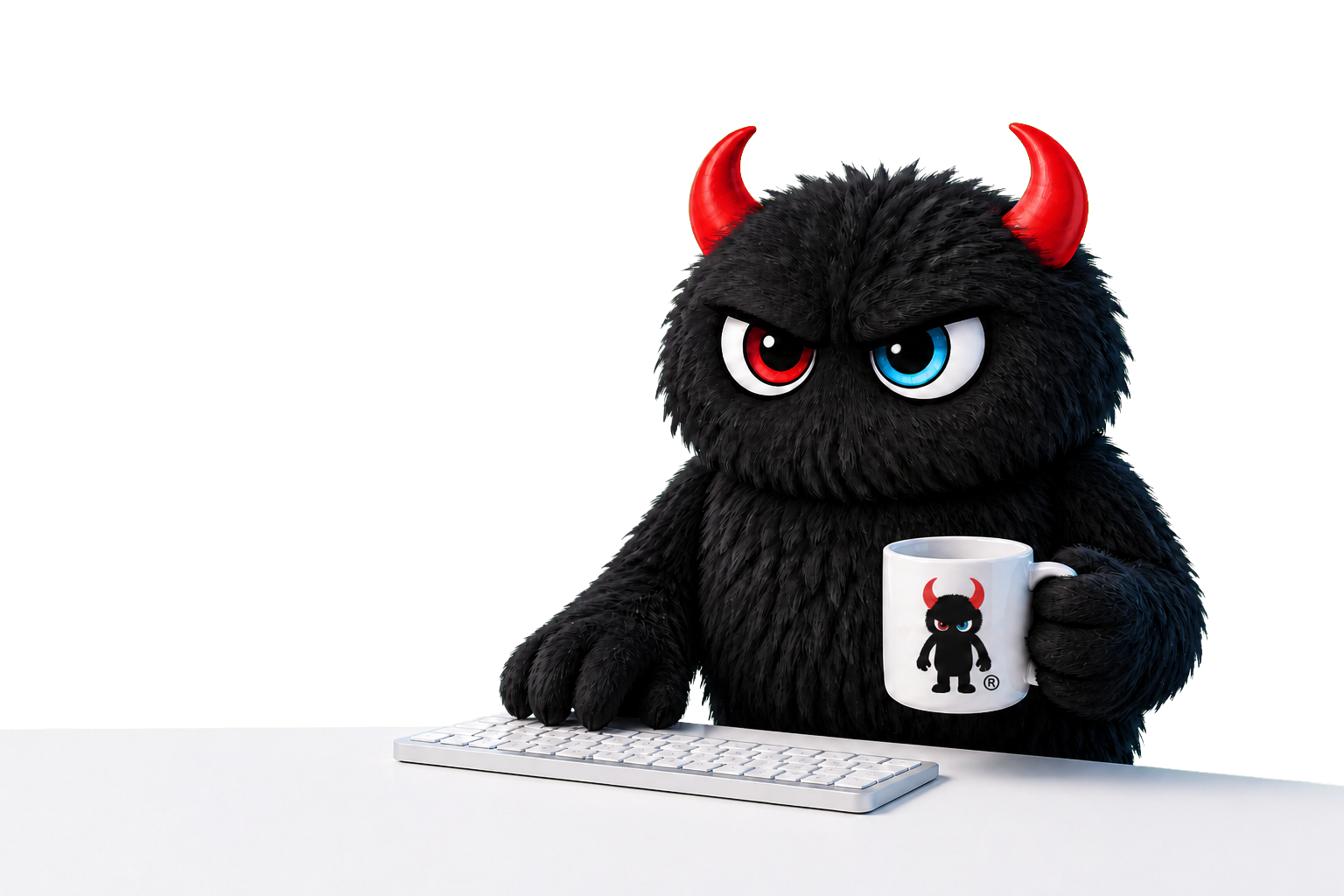 The black Monstrous Media Group monster creating at a keyboard while holding a coffee mug with the full registered MMG monster mark